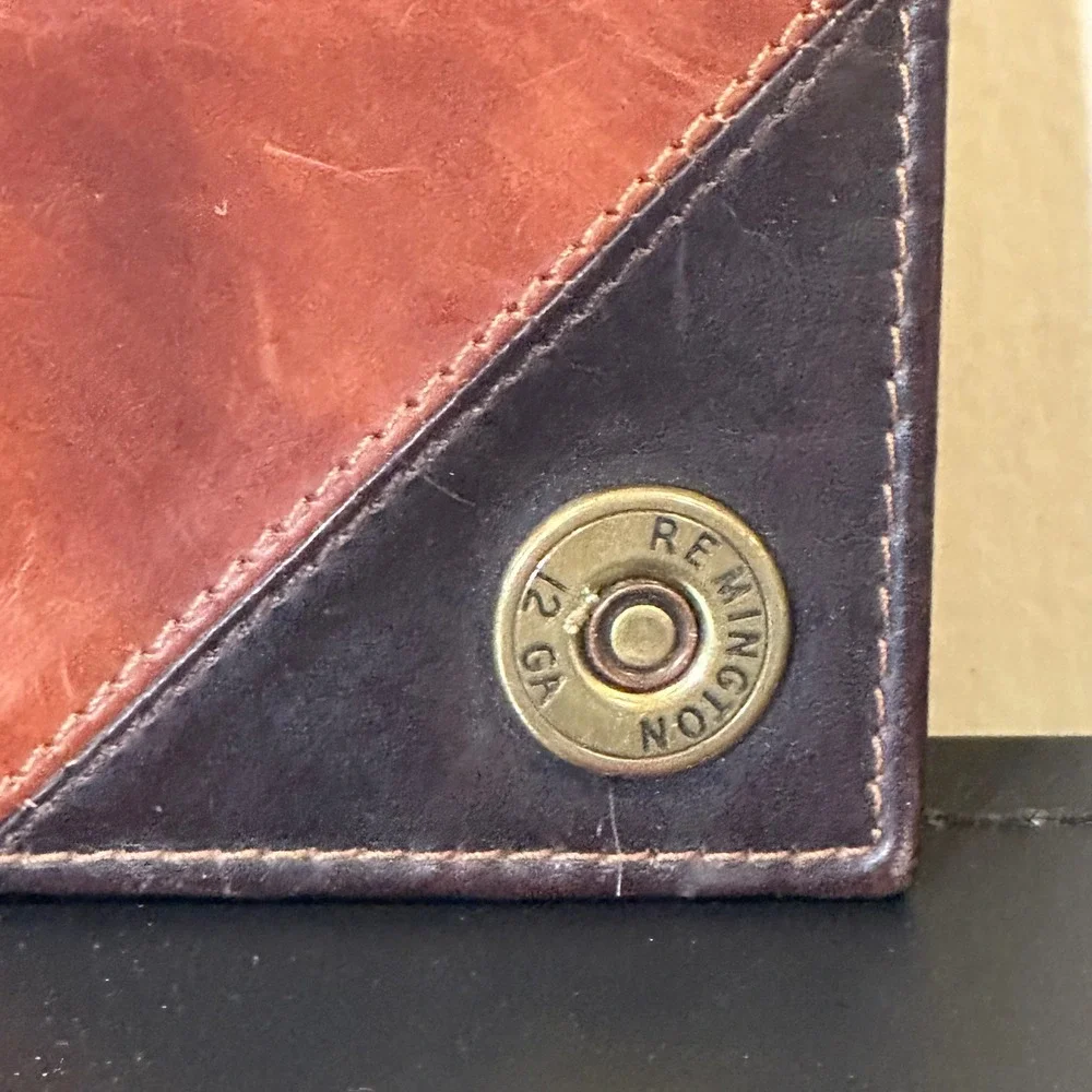 Leather Checkbook Wallet Brown 12 Gauge Shotgun Shell Brass Detail